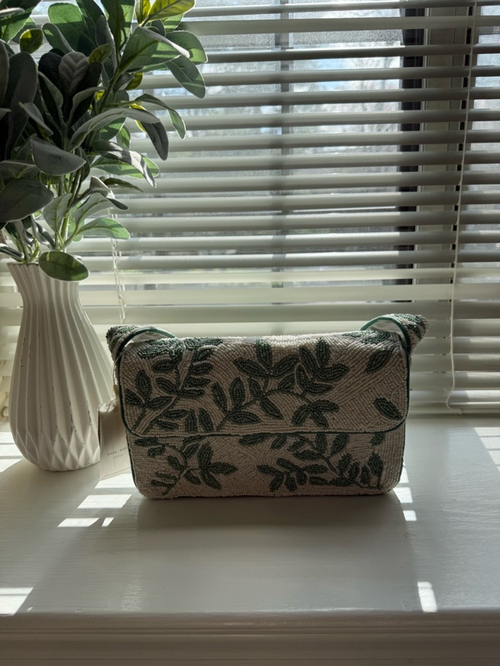 Beaded Leaf-Embroidered Shoulder Bag in Cream and Green